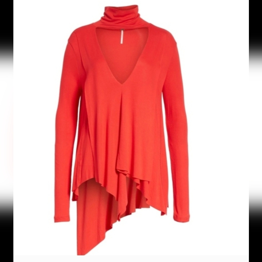 Free People Deep Coral Uptown Asymmetrical Knit Top Keyhole Front Size M